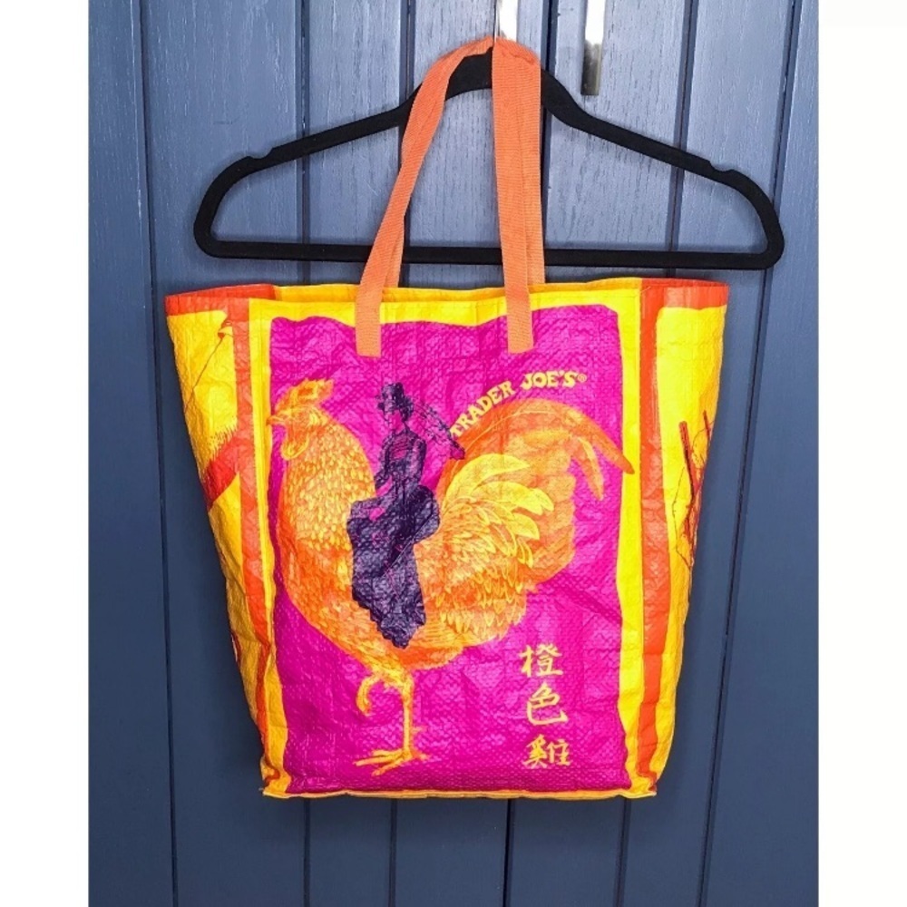 Trader Joes Orange Chicken Reusable Shopping Bag Lady Riding Hen USED READ Rare